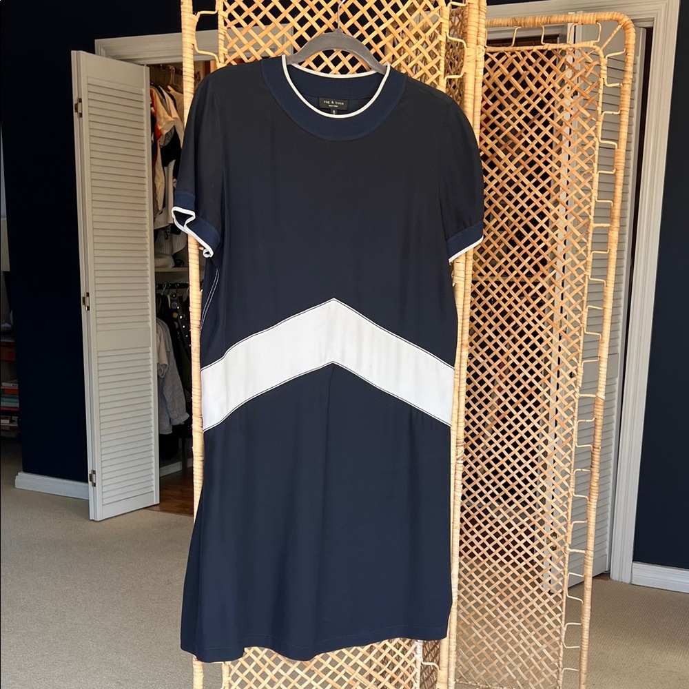Rag & Bone Women's Hannah Chevron 100% Silk Shift Dress Navy Size M